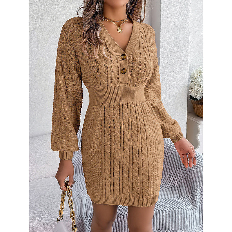 Women's Cable Knit Sweater Dress - V-Neck Button Front Lantern Sleeve Bodycon Mini Dress